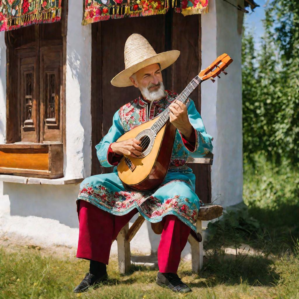 Широкий план мужчины, играющего на балалайке на улице летом. Он сидит на скамейке перед традиционным русским домом в народном костюме и шляпе. Его пальцы нажимают на струны, играя живую мелодию.
