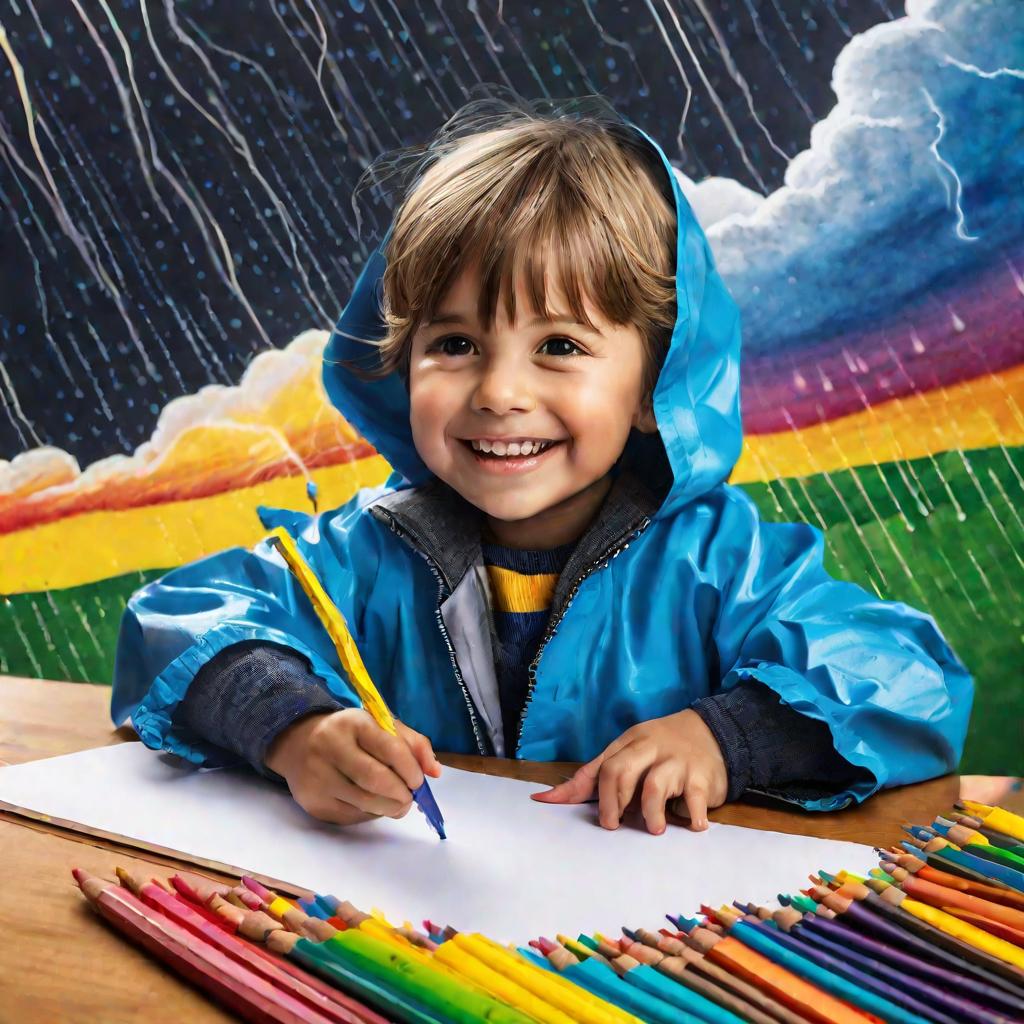 Крупный план портрета улыбающегося ребенка в ярком дождевике и сапогах, держащего цветные карандаши и рисунок грозы. На рисунке изображены темные клубящиеся грозовые тучи с извилистыми желтыми молниями и синими каплями дождя на фоне радуги. Ребенок выгляд