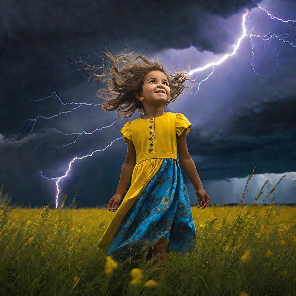 Маленькая девочка в ярко-желтом платье стоит на травянистом поле, с восторгом глядя в небо, которое заполнено темными грозовыми тучами и впечатляющими разветвленными молниями. Яркие цвета красиво контрастируют с мрачными синими и серыми тонами облачного н