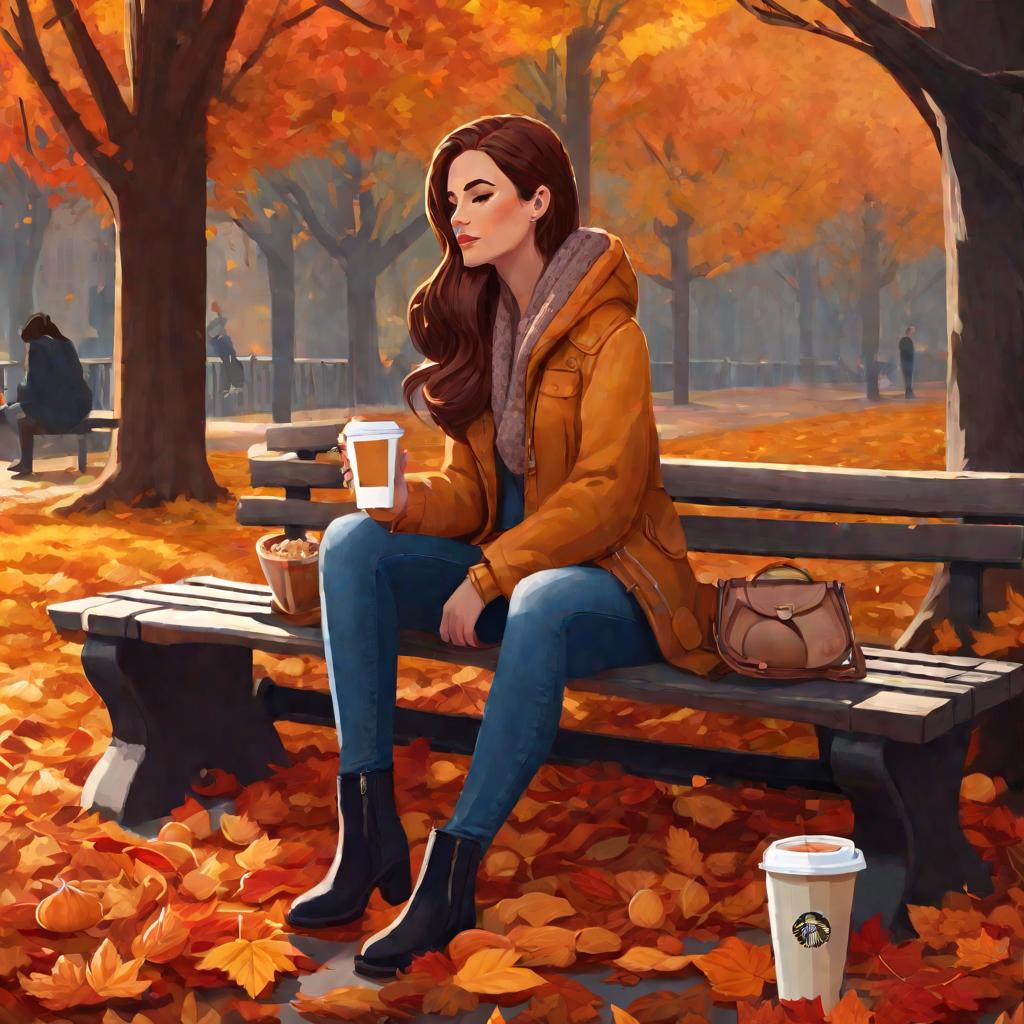 Детальная кинематографическая иллюстрация крупным планом, изображающая задумчивую женщину 30+ лет, сидящую на деревянной скамейке в красивом осеннем парке. Она одета в джинсы, сапоги и теплый свитер. Вокруг нее на земле разбросаны разноцветные осенние лис