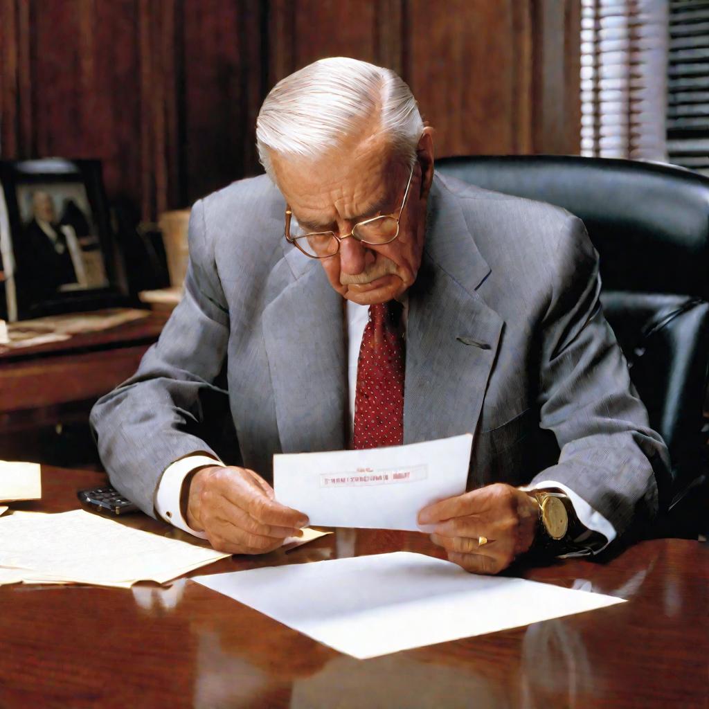 Портрет пожилого мужчины в костюме, смотрящего на письмо с отказом в присвоении звания ветерана труда