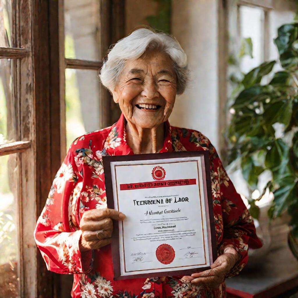 Портрет пожилой женщины, радостно держащей в руках удостоверение ветерана труда