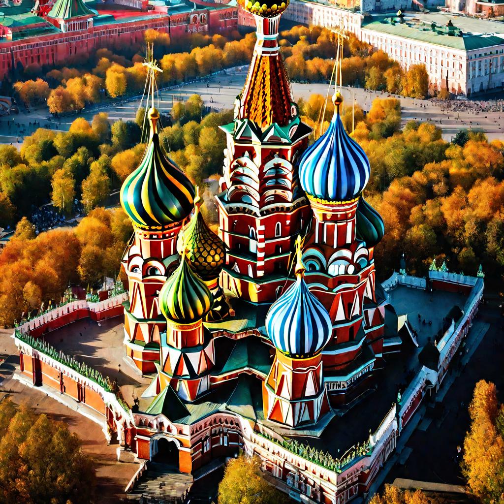 Вид сверху на Покровский собор в Москве в солнечный осенний день