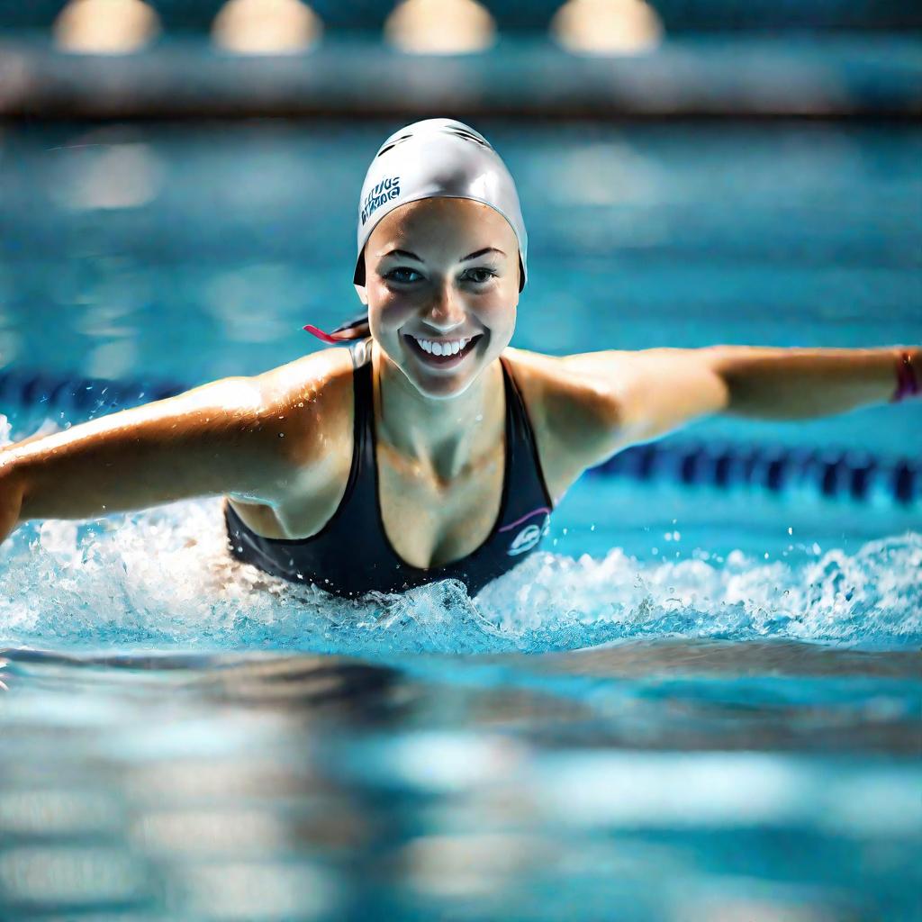Девушка радостно плавает брассом в крытом бассейне