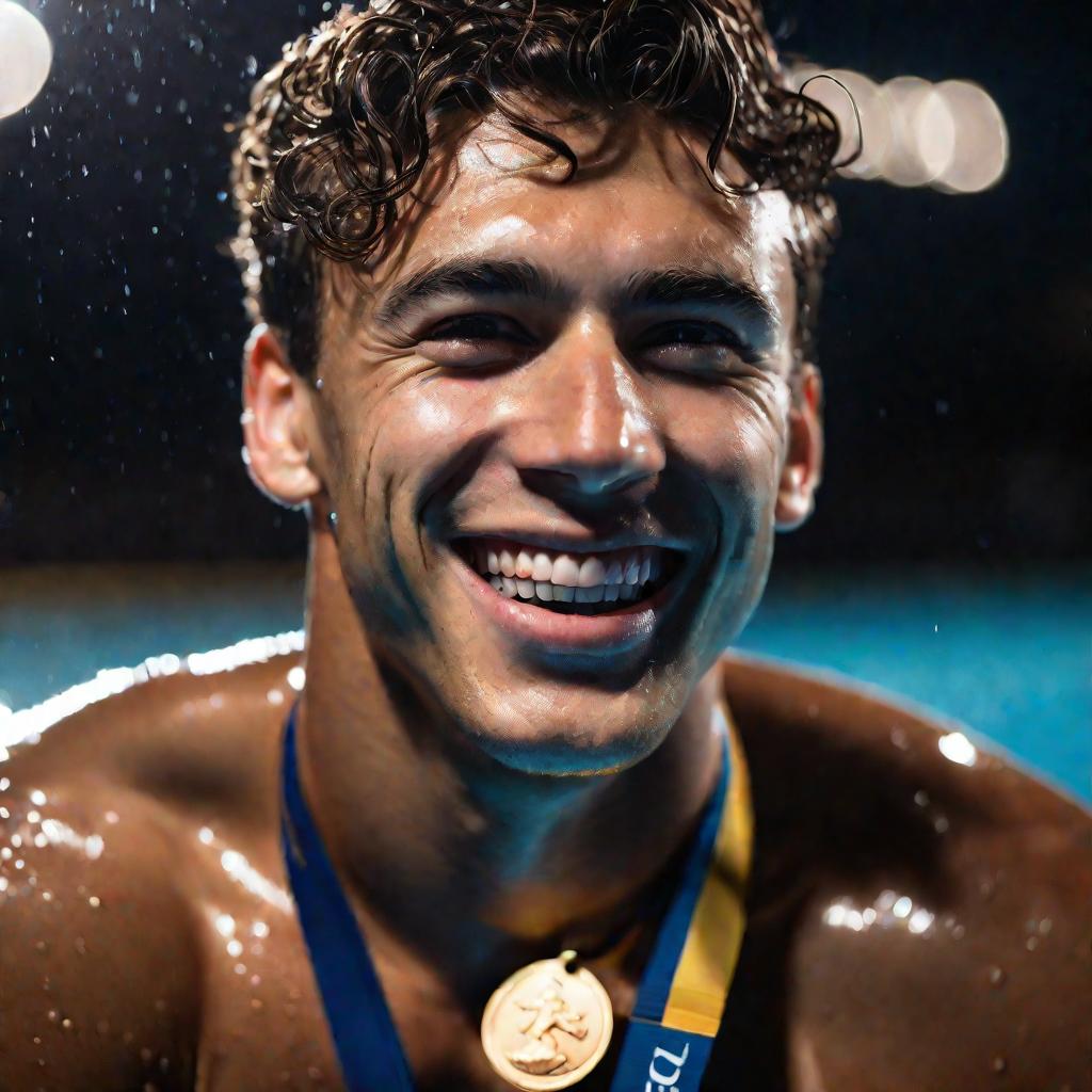 Портрет пловца с бронзовой медалью на шее после соревнований по плаванию