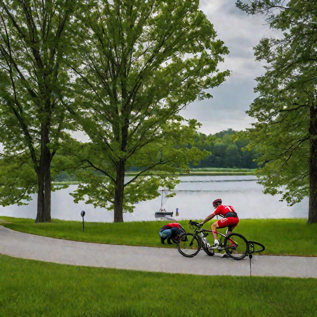 Велосипедист меняет колесо у озера