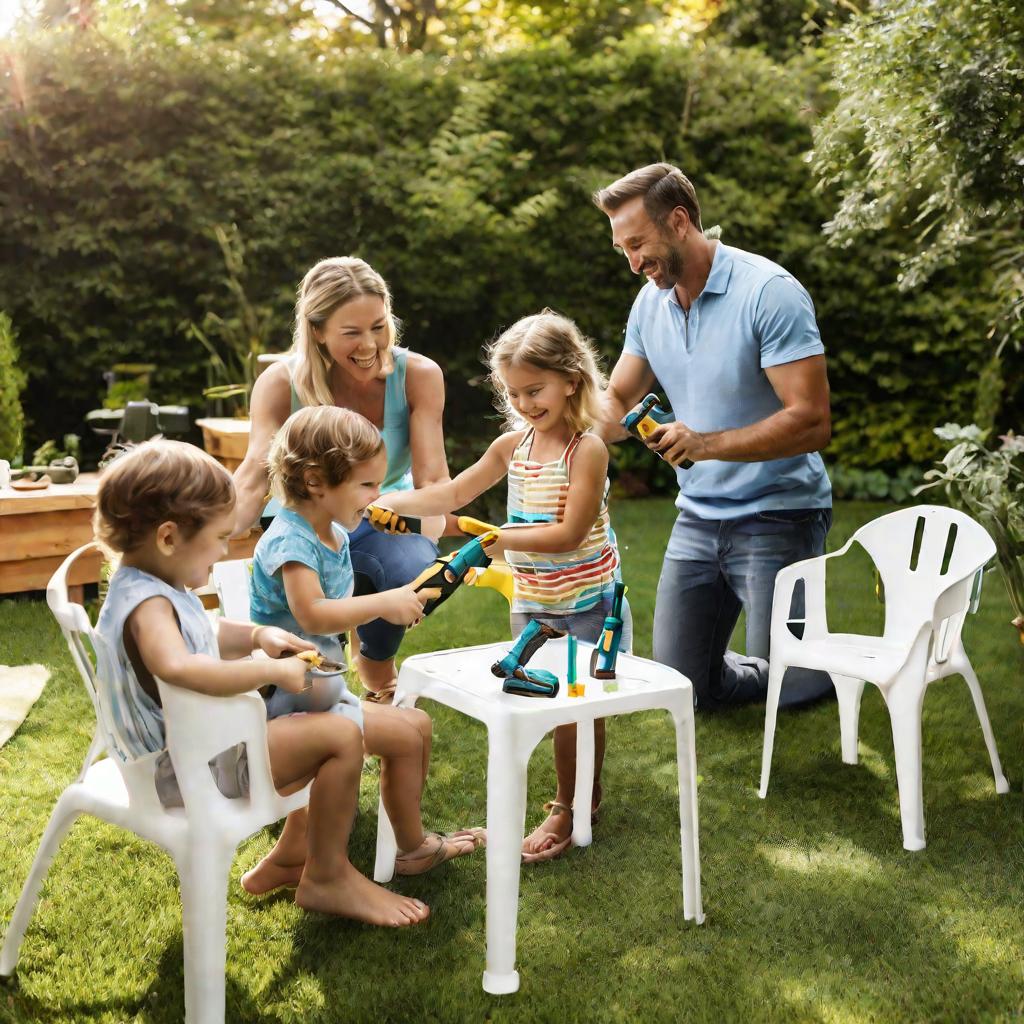 Счастливая семья собирает пластиковые садовые стулья во дворе летним солнечным днем.