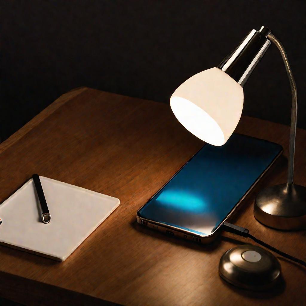 Смартфон лежит экраном вниз на деревянном столе в офисе