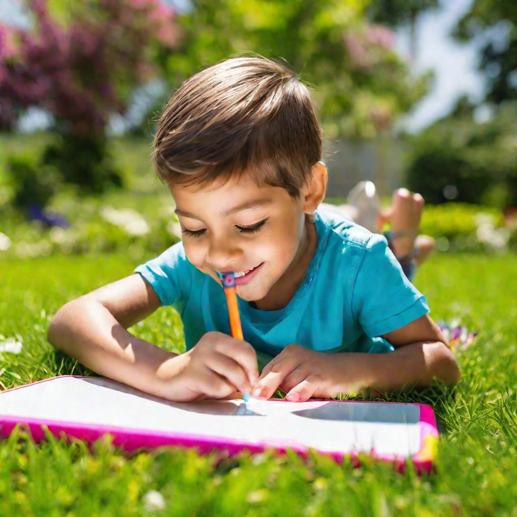 Крупный план портрета ребенка, радостно рисующего картинку на самодельном планшете, сидя на траве на улице в солнечный летний день. У планшета яркий цветной пластиковый корпус и простой интерфейс, предназначенный для детей. Ребенок сосредоточенно погружен