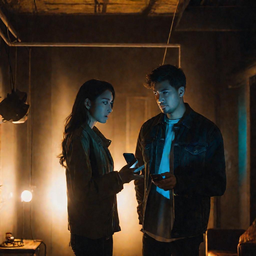 Полный кадр двух молодых людей, мужчины и женщины, стоящих в слабо освещенной комнате лицом друг к другу. Мужчина держит телефон, показывая женщине что-то на экране. У обоих серьезные, сосредоточенные выражения лиц.