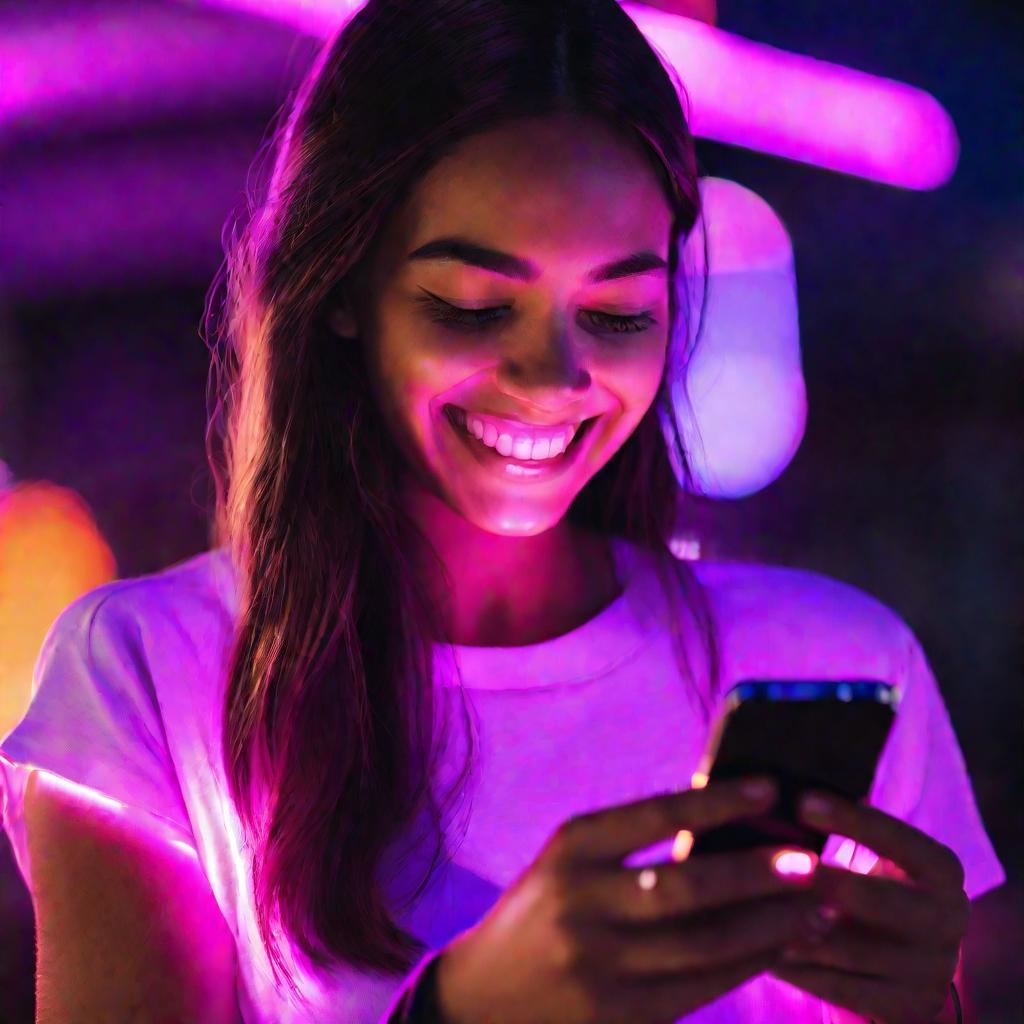 Крупный план портрета улыбающейся молодой женщины, смотрящей вниз на свой телефон, освещенный ярким неоново-фиолетовым свечением, пока она с воодушевлением нажимает на экран.