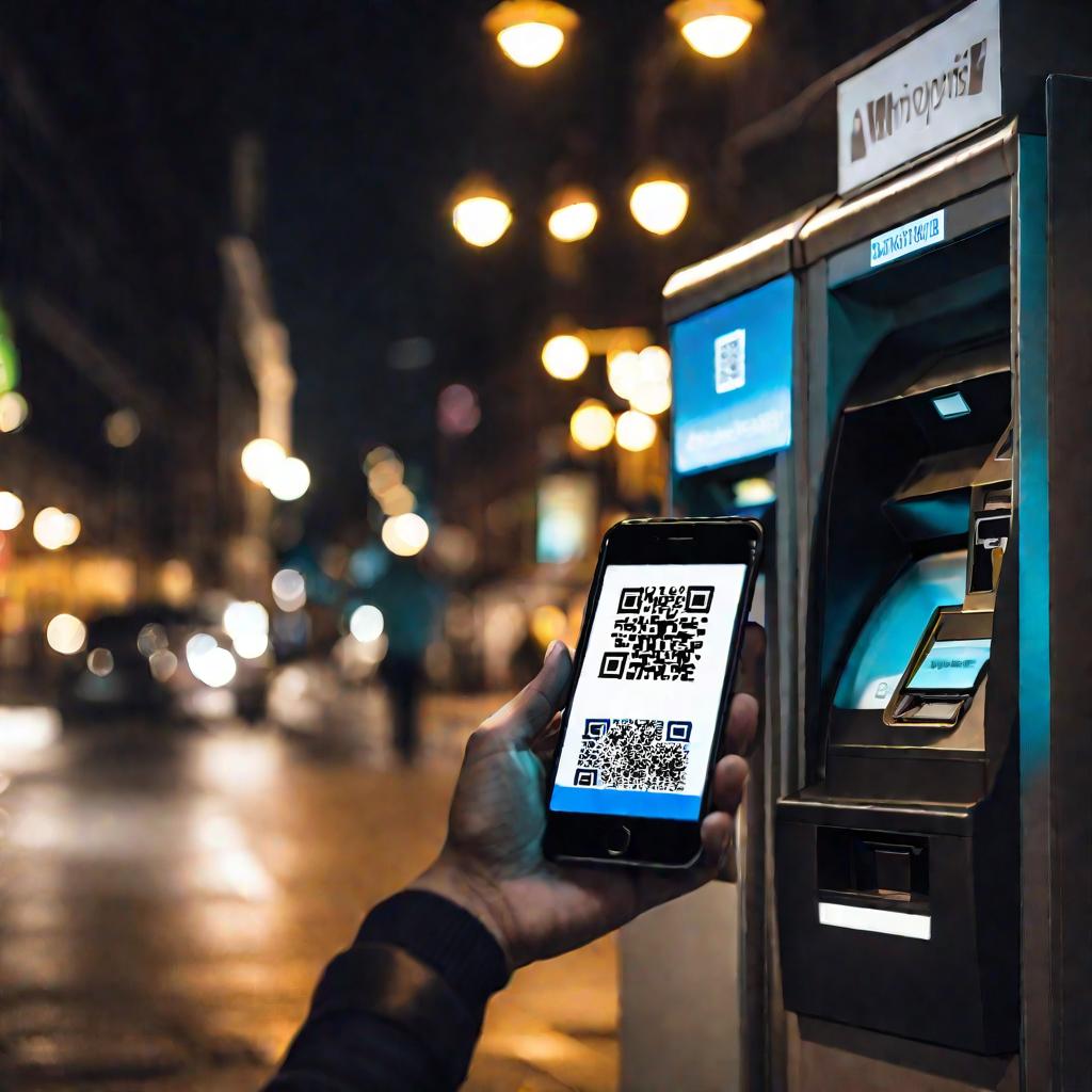 Генерация QR-кода для снятия денег возле банкомата на улице ночью