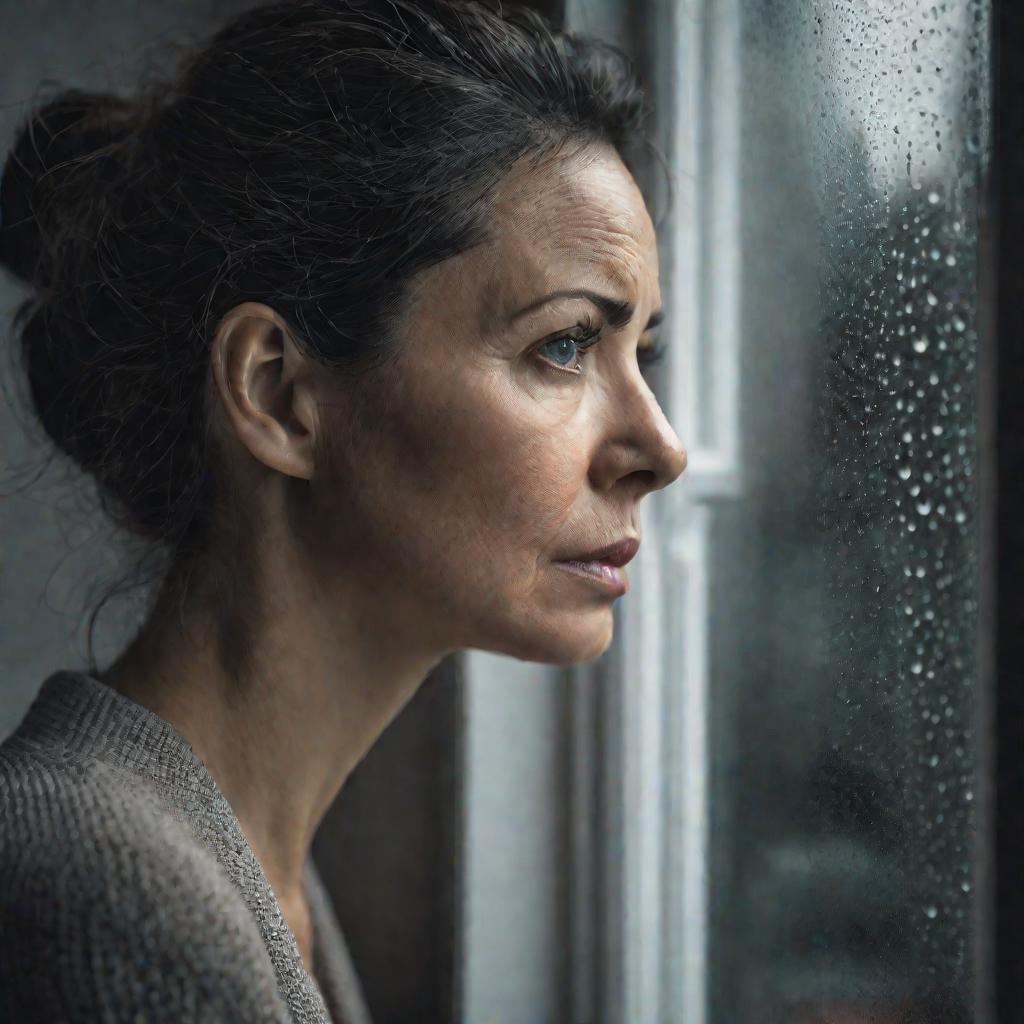 Женщина задумчиво смотрит в окно в дождливый день