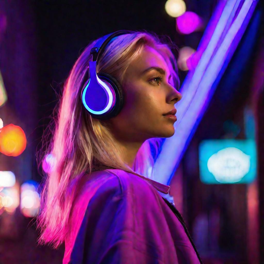 Девушка смотрит историю в Яндекс Музыке на улице ночью