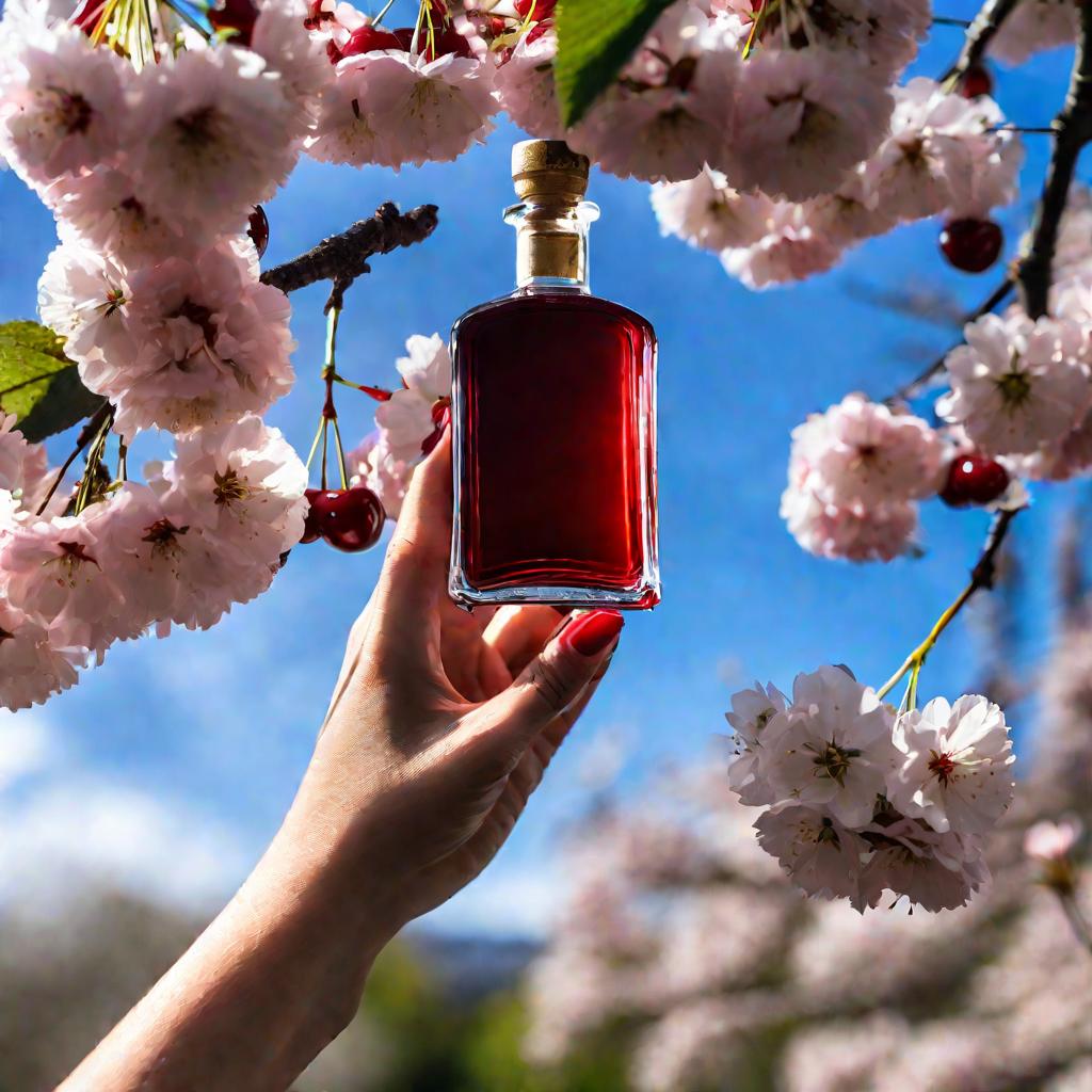 Руки женщины держат бутылку с вишневой наливкой на фоне цветущей вишни
