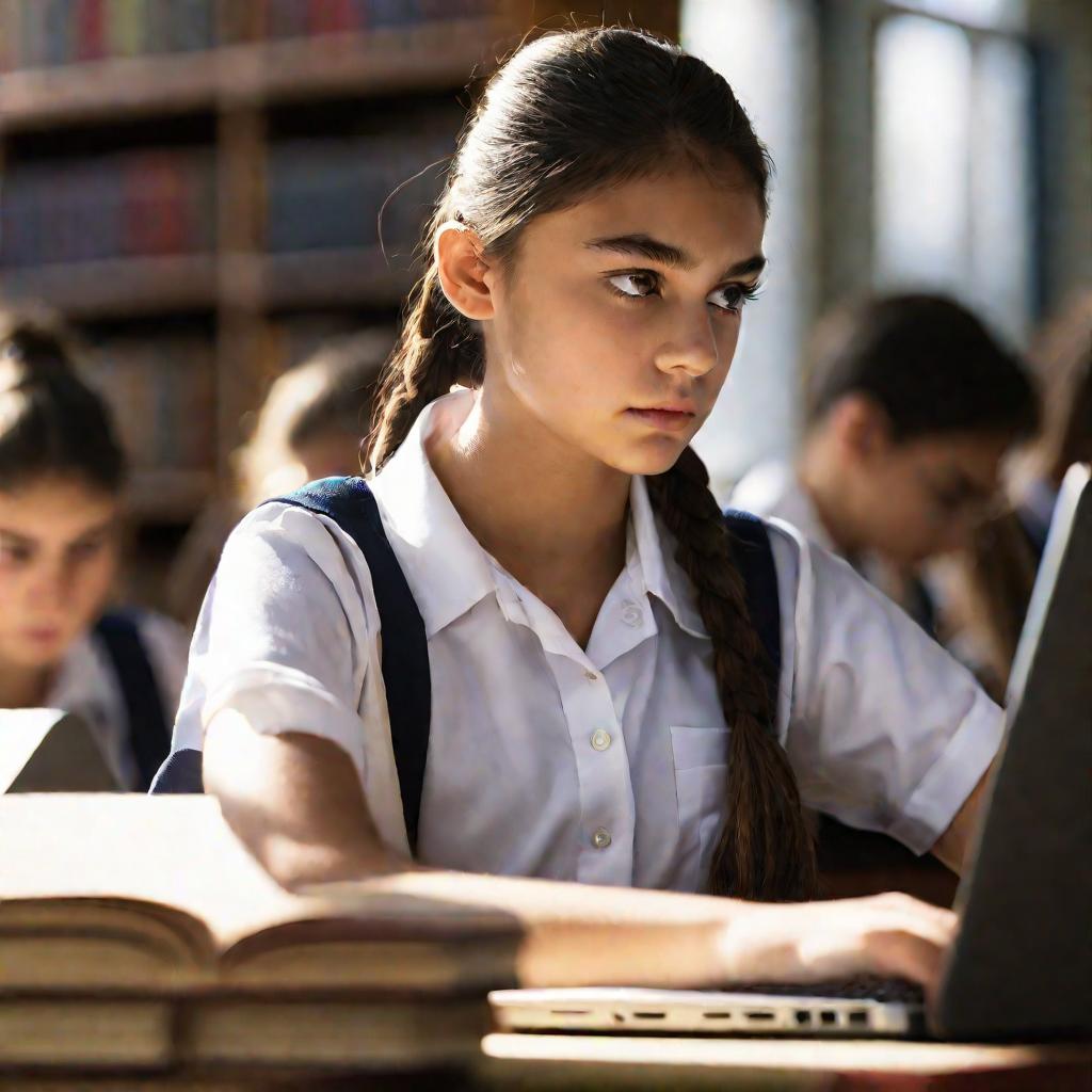 Девушка сосредоточенно проходит онлайн олимпиаду в школьной библиотеке