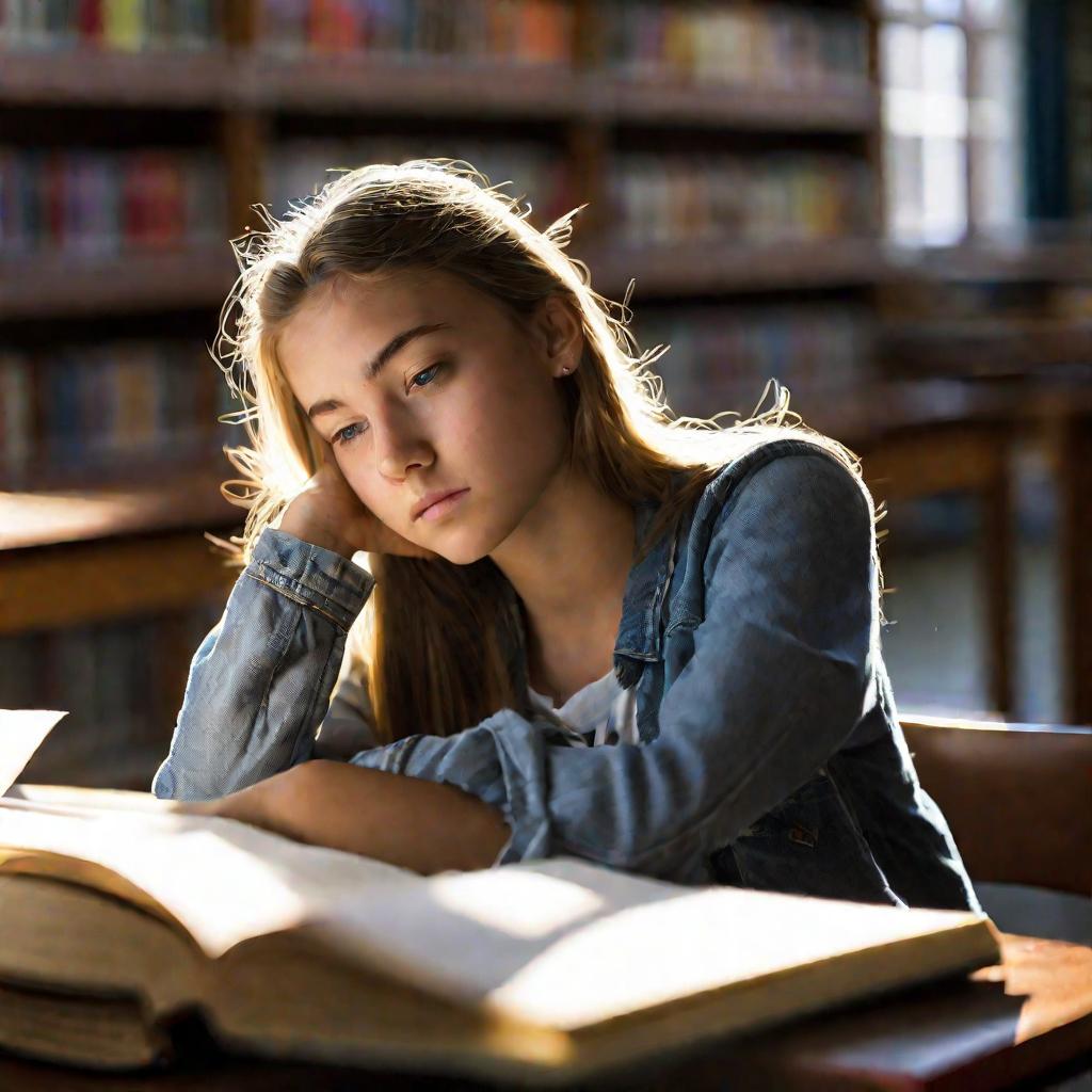 Девушка-абитуриент размышляет о шансах на поступление в библиотеке колледжа