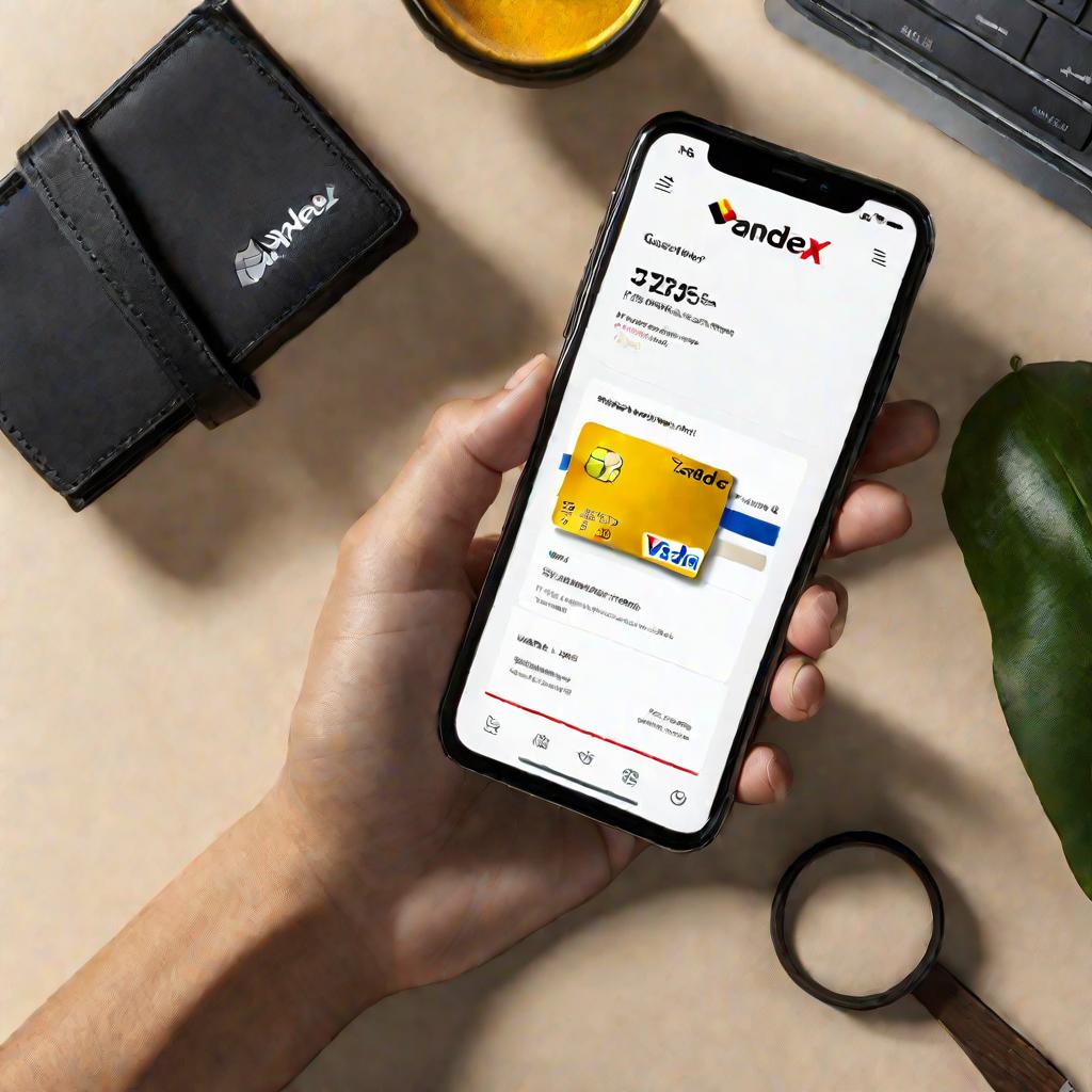 Рука держит кредитную карту над смартфоном для оплаты через Яндекс Пэй.