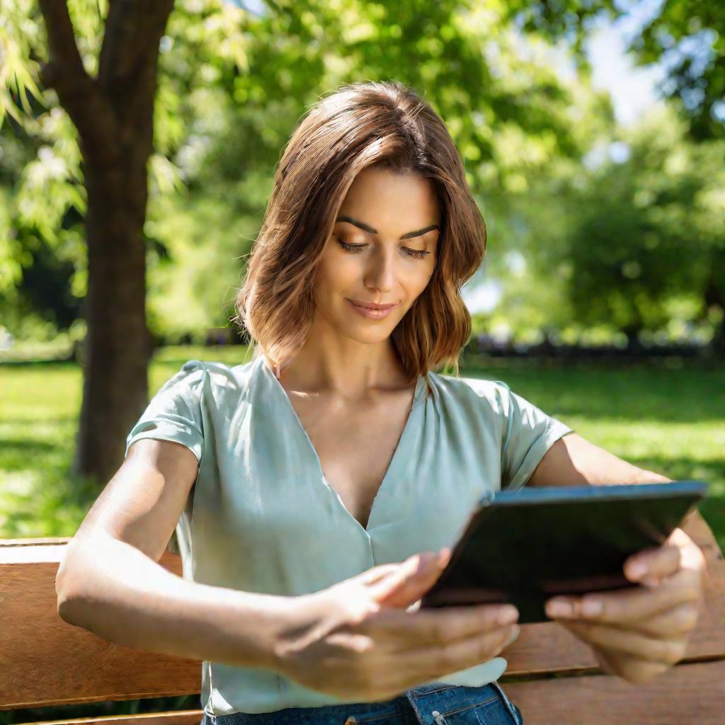 Женщина читает электронную книгу на планшете на улице в парке