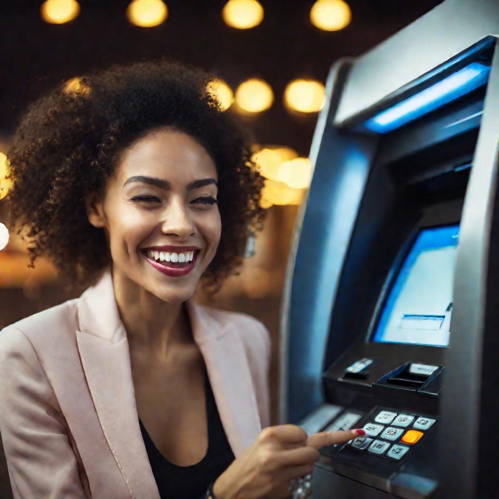 Женщина снимает деньги в банкомате и улыбается