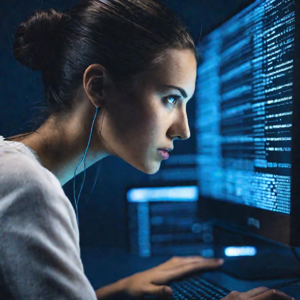 Портрет крупным планом молодой женщины за компьютером, смотрящей на код на экране. У нее сосредоточенное выражение лица, она печатает, что говорит о том, что она программирует редирект на PHP. Сцена имеет синий цветовой тон с мягким студийным освещением с