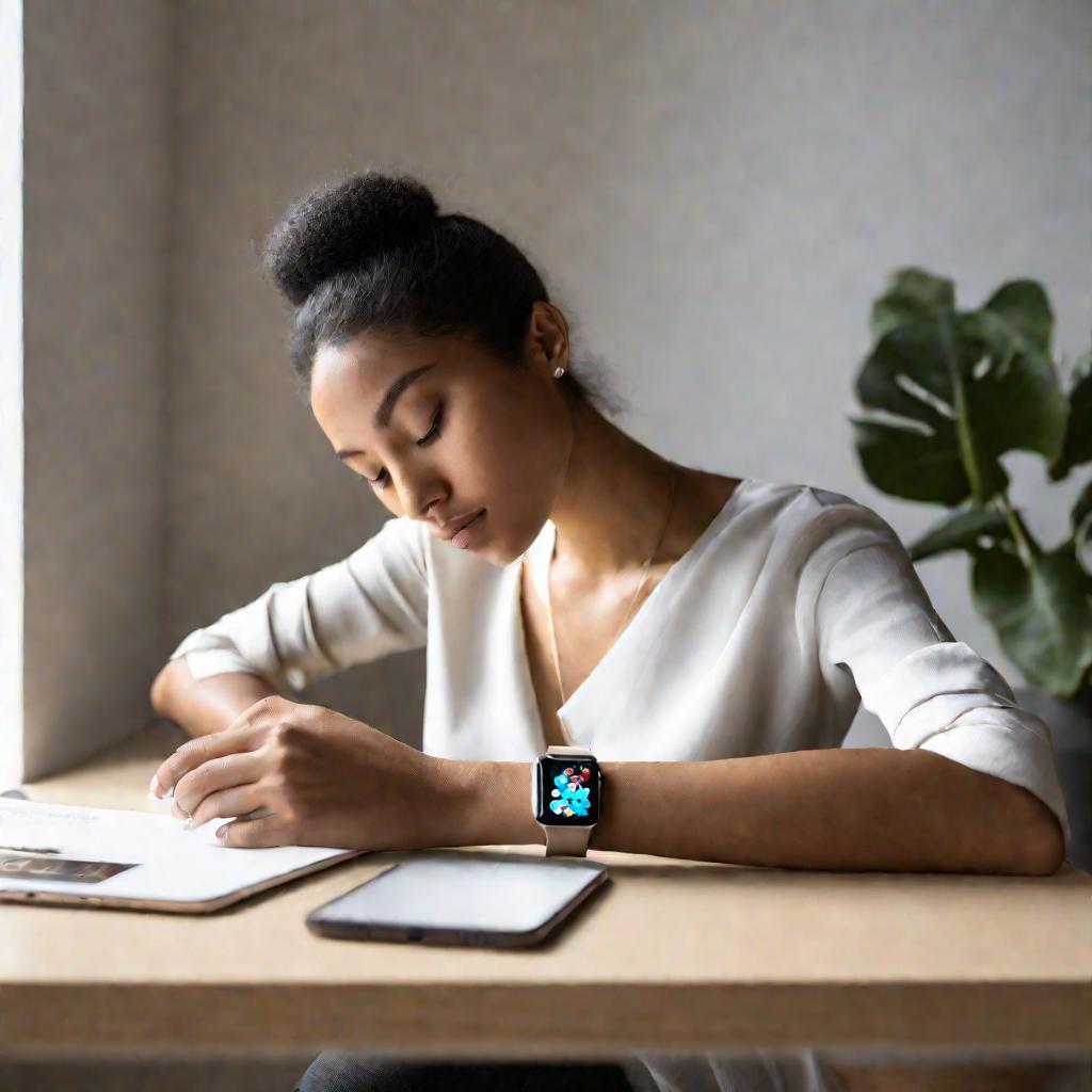 Девушка в стильной повседневной одежде сосредоточенно смотрит на Apple Watch на своем запястье, пытаясь разорвать связь часов с iPhone