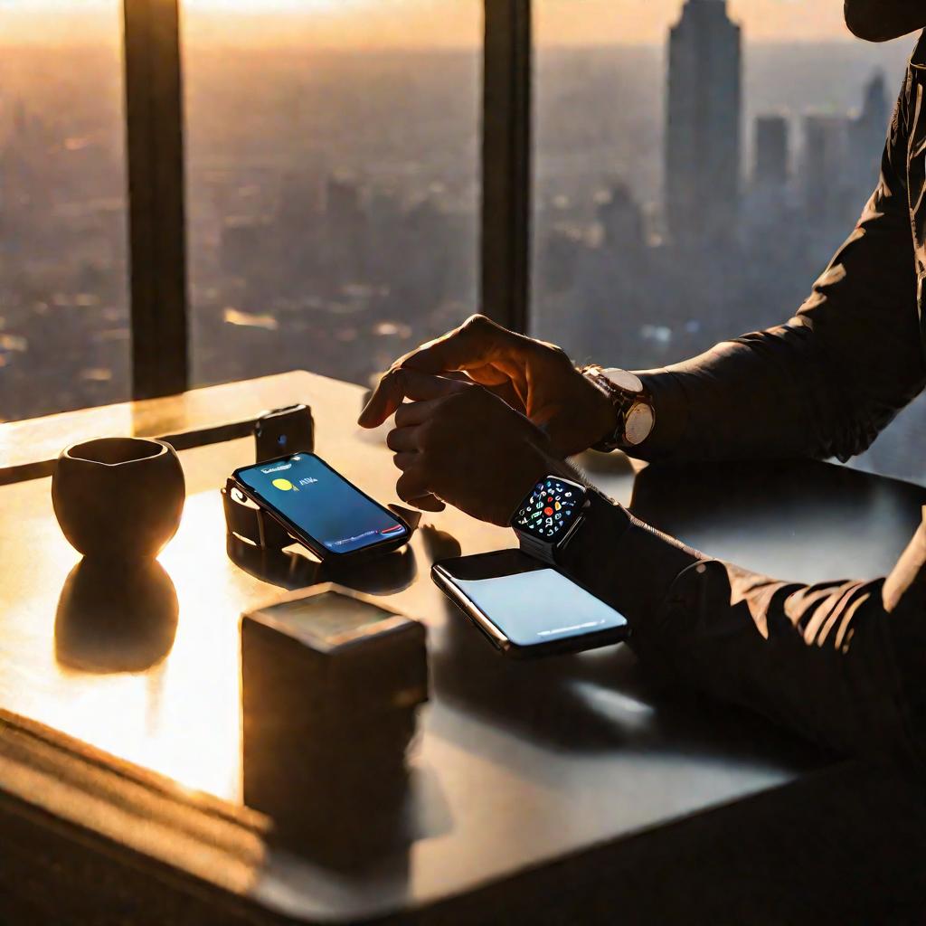 Задумчивый мужчина в обычной одежде сидит за столом с iPhone и Apple Watch в руках на фоне закатного неба над городом, размышляя о том, как отвязать часы от телефона