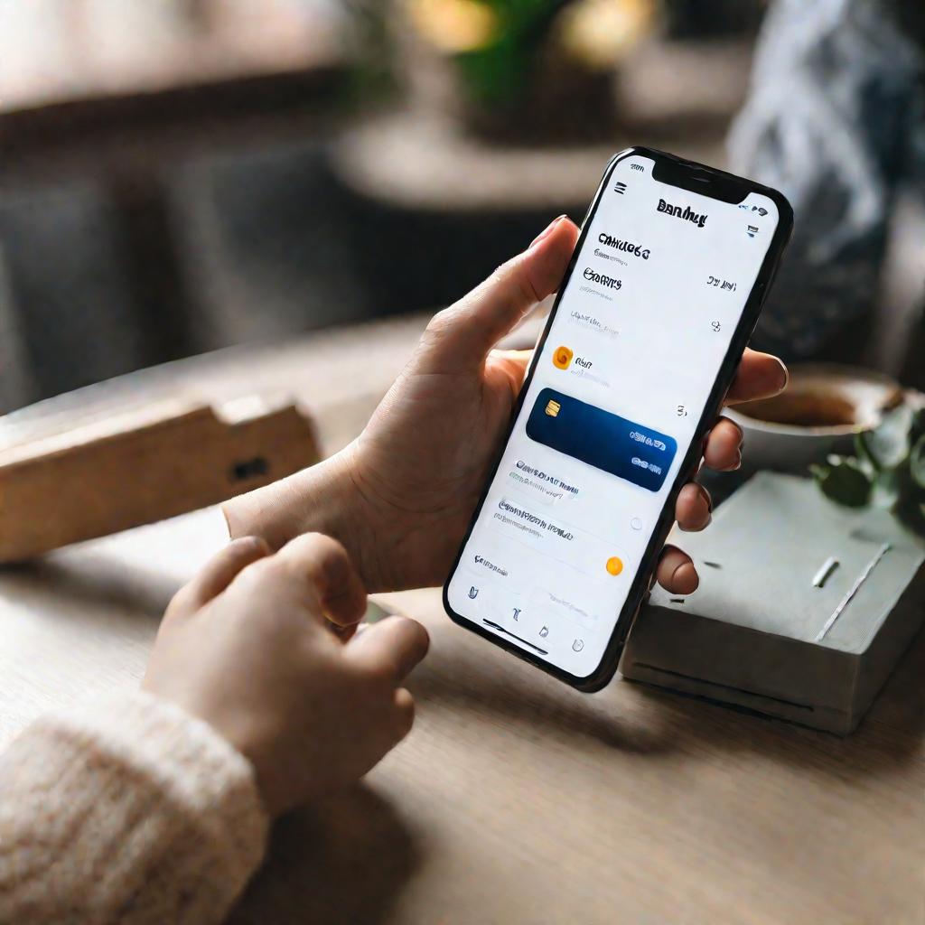 Крупный план рук женщины, держащей смартфон с приложением мобильного банка для смены привязанного номера на экране