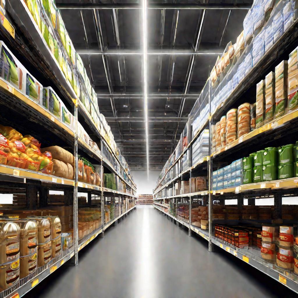 Склад супермаркета с полками и товарами