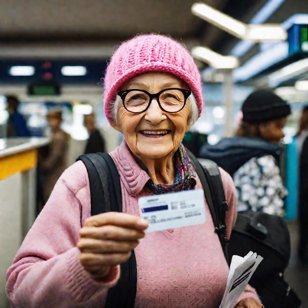 Бабушка показывает транспортную карту кассиру на вокзале