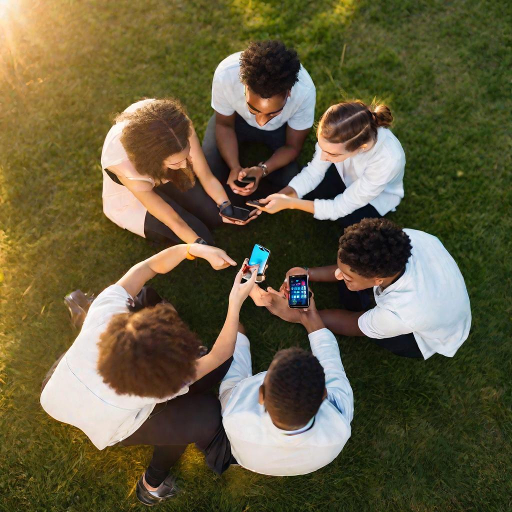 Группа друзей играет вместе на телефонах на открытом воздухе
