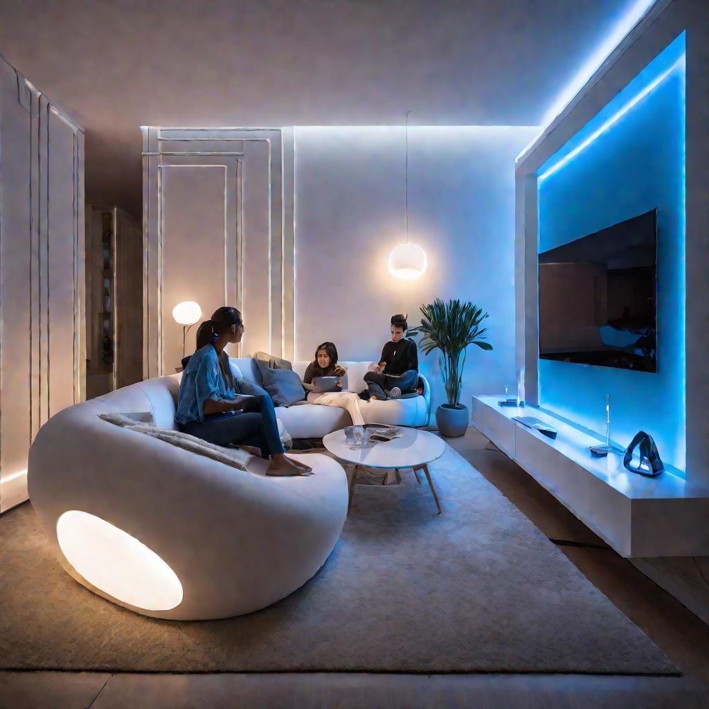 Интерьер гостиной с двумя людьми, сидящими на диване и просматривающими планшет с футуристическим дизайном