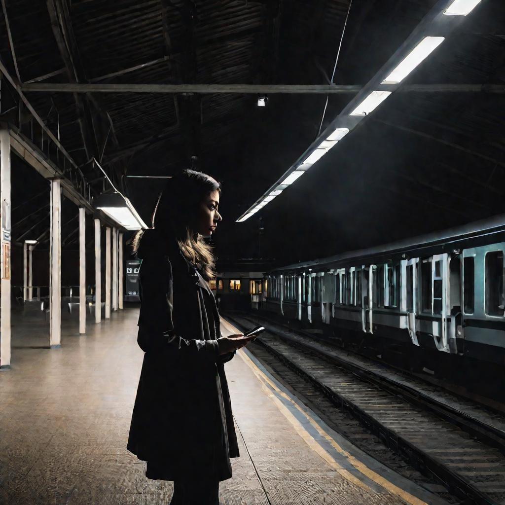 Одинокая женщина ночью на пустой ж/д станции смотрит в телефон, освещенная только одним светильником сверху