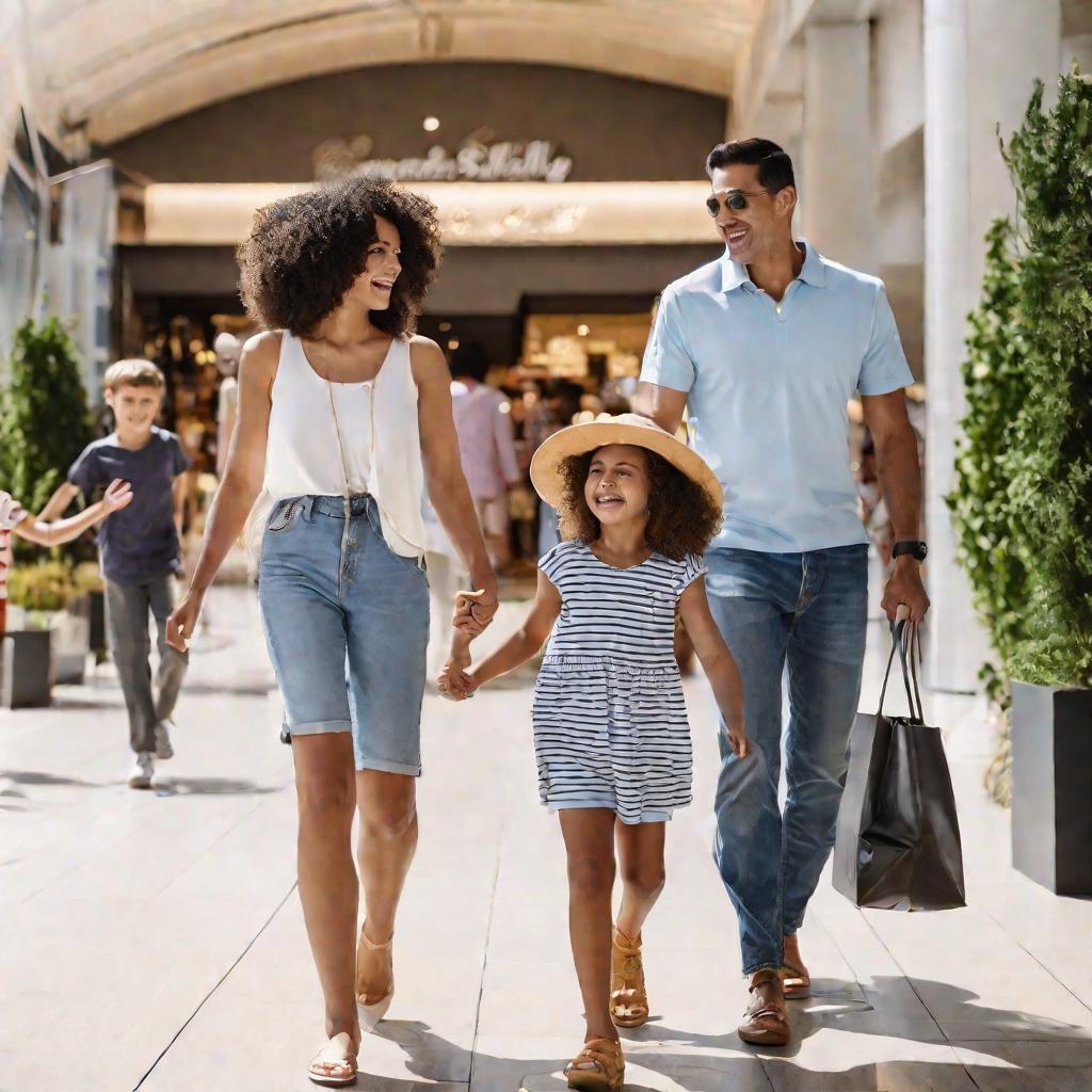 Семья счастливо идет и улыбается, заходя утром через широкий и привлекательный вход в светлый торговый центр Мармелад.