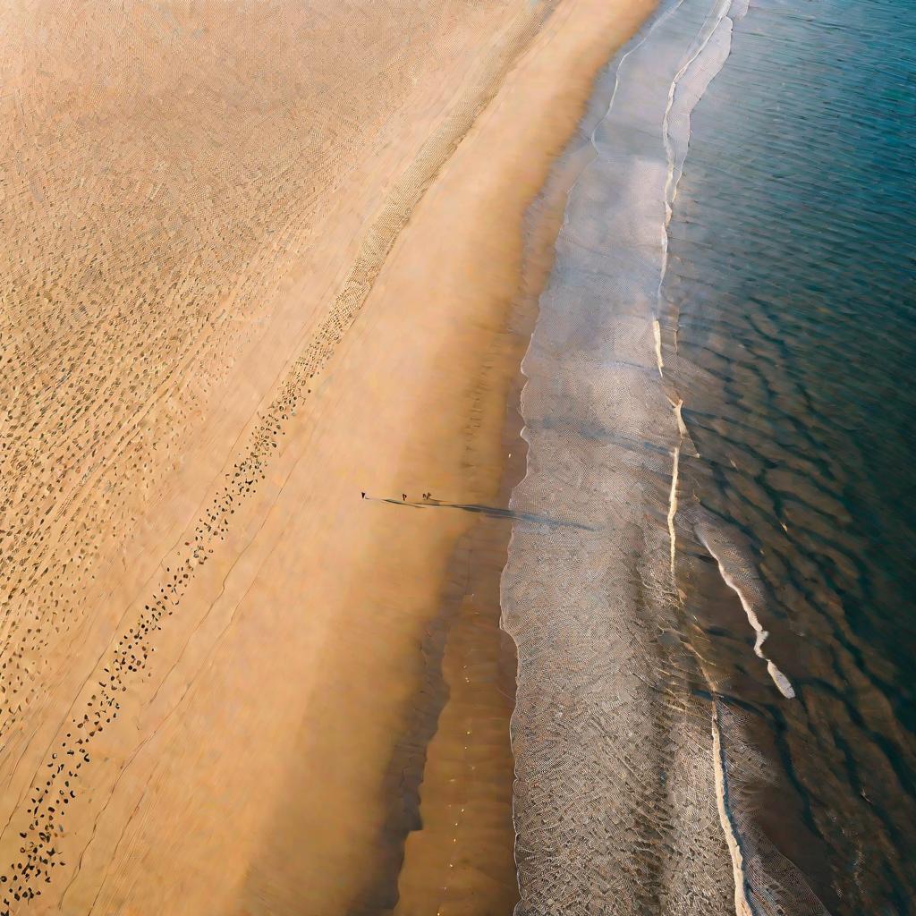 Вид с высоты птичьего полета на пляж во время заката, показывающий «золотой час» на воде. Крошечные фигурки людей идут вблизи береговой линии. На мокром песке геометрические узоры от отлива. Настроение спокойное и умиротворенное.
