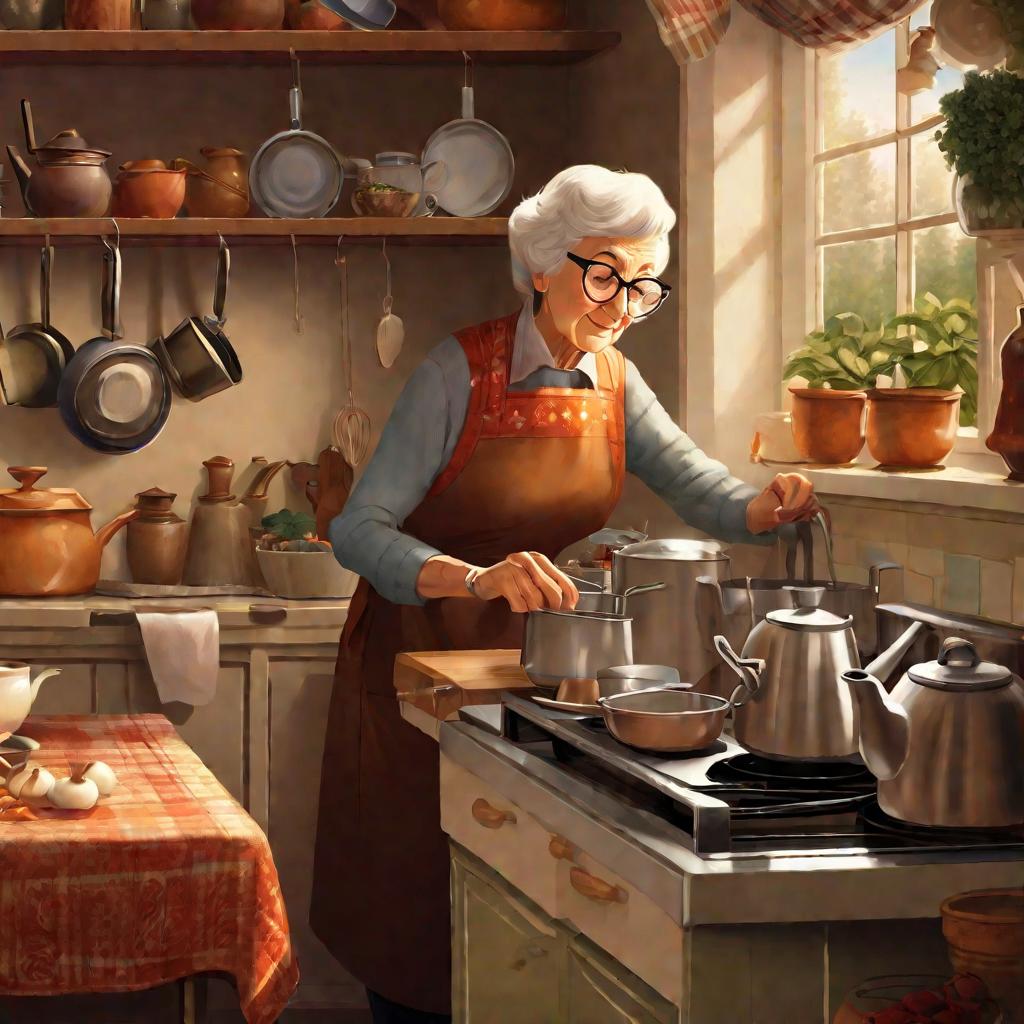 Пожилая женщина готовит чай на кухне