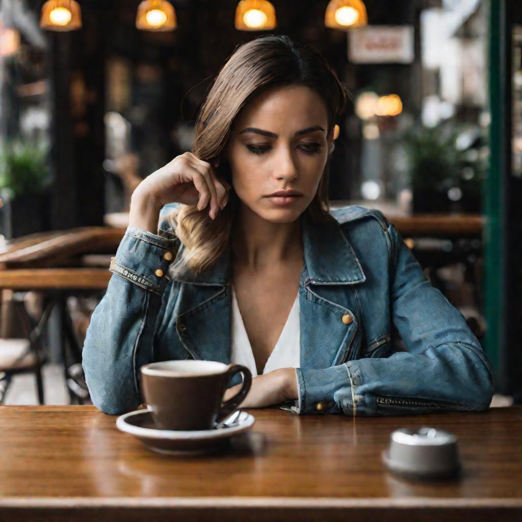 Портрет задумчивой женщины, сидящей в одиночестве за столиком кафе