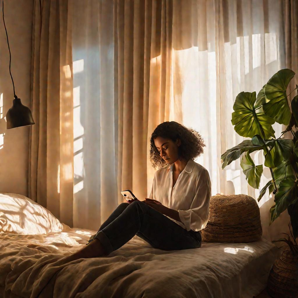 Солнечная комната девушки, размышляющей над телефоном перед тем, как скрыть друзей в соцсети