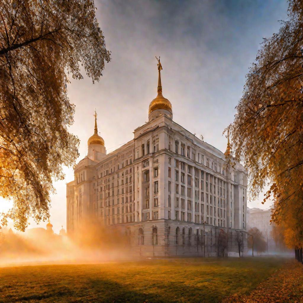 Здание министерства труда и соцзащиты на рассвете в Москве