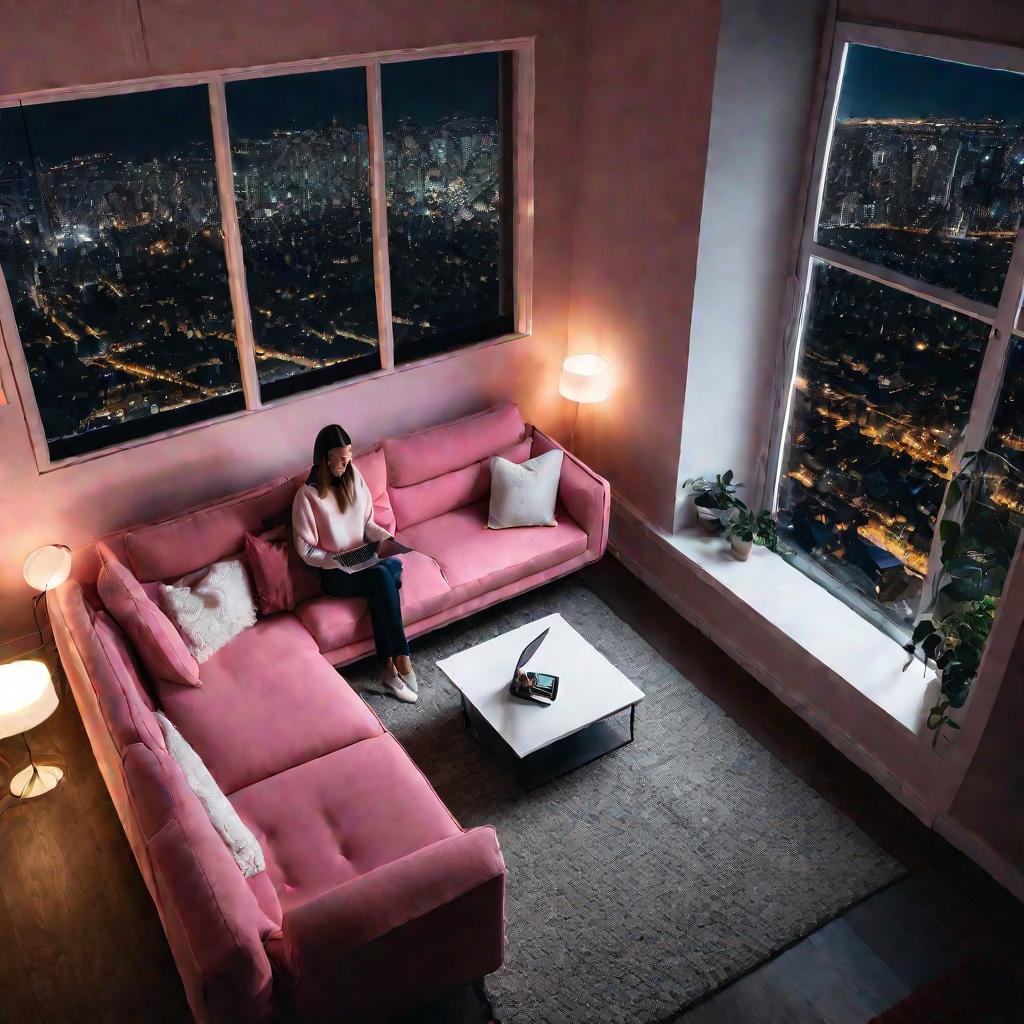 Девушка в розовом свитере сидит на диване по-турецки и общается по видеочату с двумя подругами на ноутбуке