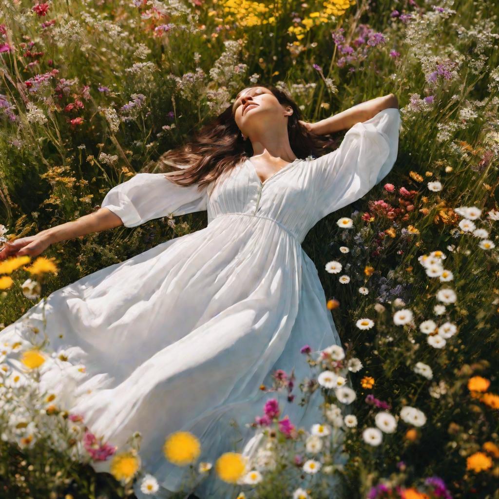 Женщина лежит в поле цветов