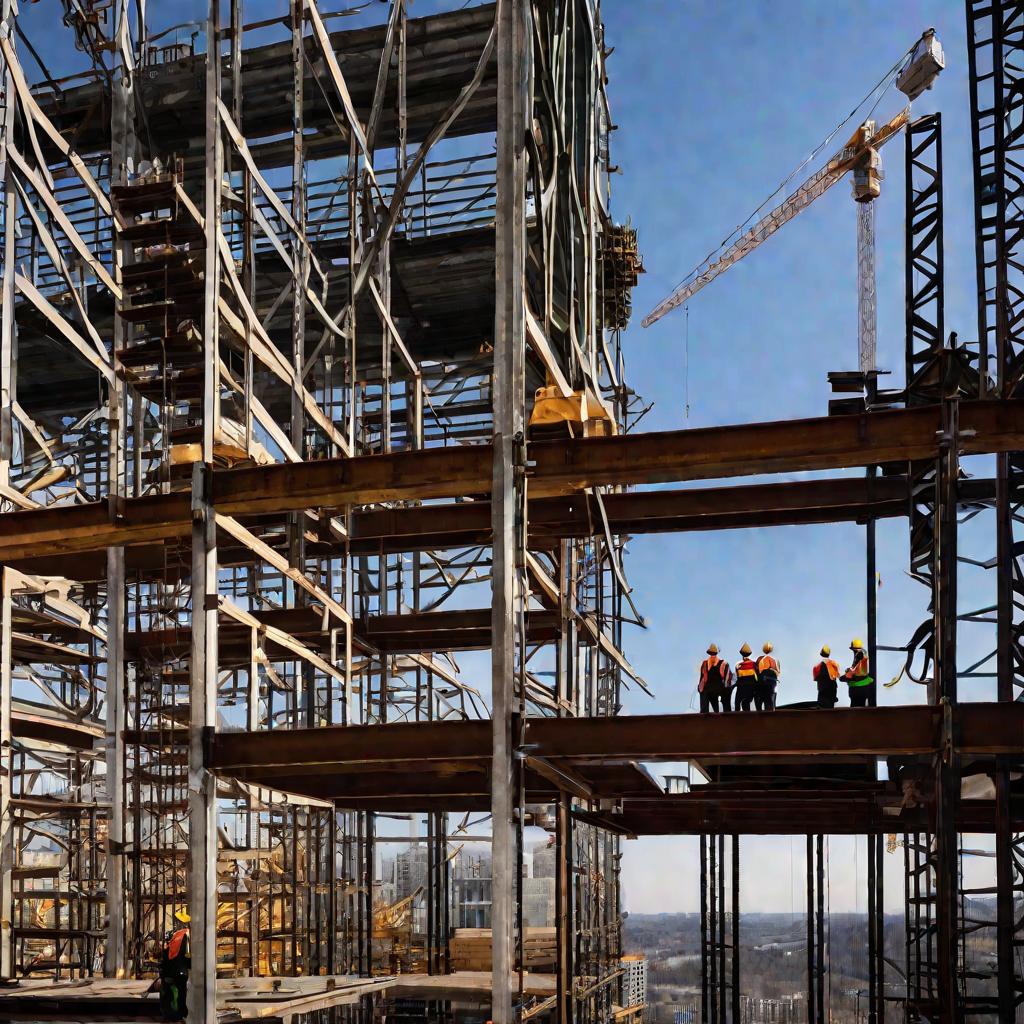 Панорама городской стройплощадки с рабочими, монтирующими анкерные болты на верхних этажах высотного каркаса
