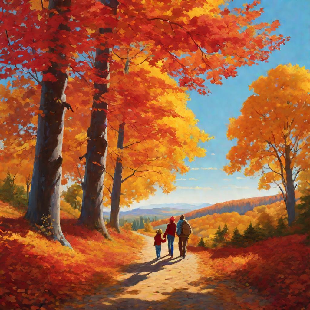Семья гуляет по осеннему лесу.