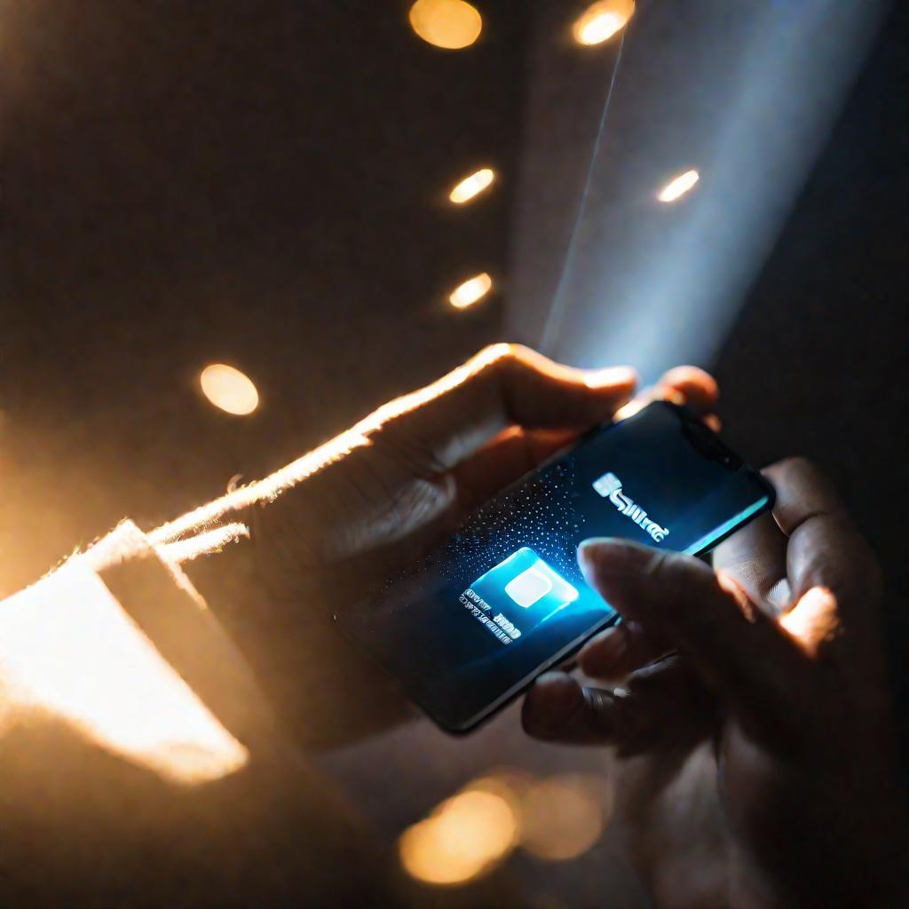 Драматичный мрачный кадр руки, вставляющей SIM-карту в смартфон, выделенный на размытом фоне. Карта светится призрачным светом, излучая наружу. Солнечные лучи проходят через окно, освещая частицы пыли в воздухе.