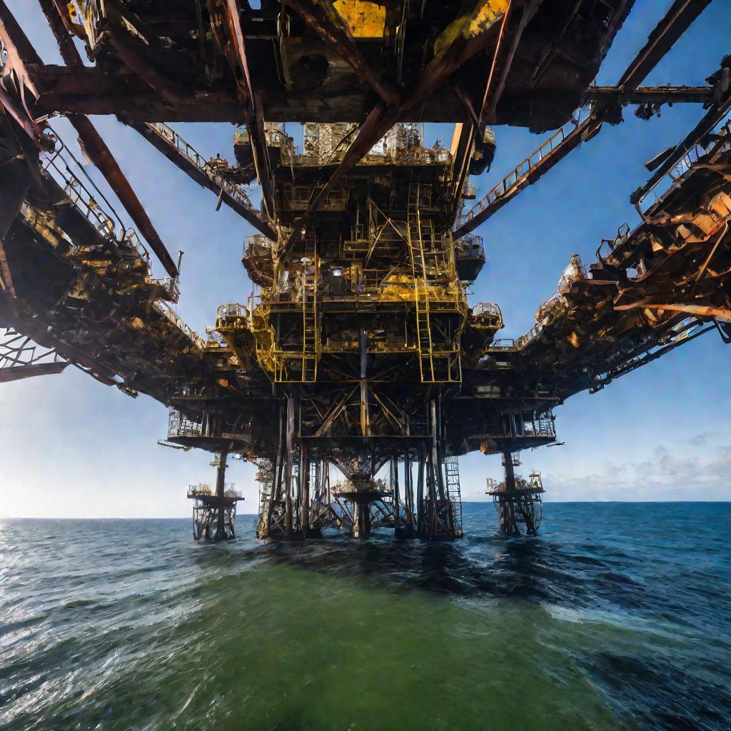 Морская нефтяная платформа с сильной коррозией металлических опор под водой