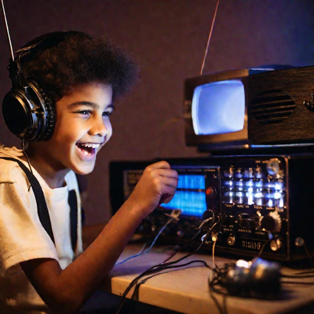 Крупный план молодого радиолюбителя, гордо улыбающегося во время первой передачи на самодельном радио