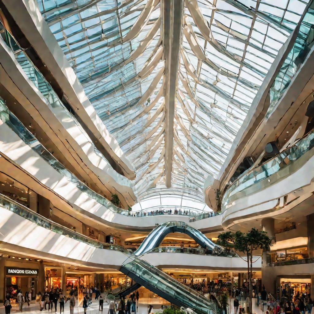 Вид снизу на впечатляющий стеклянный потолок и современную архитектуру внутри большого фешенебельного торгового центра. Солнечные лучи пронизывают стеклянную крышу, заливая все теплым естественным светом. Люди на эскалаторах и лестницах пересекают открыты