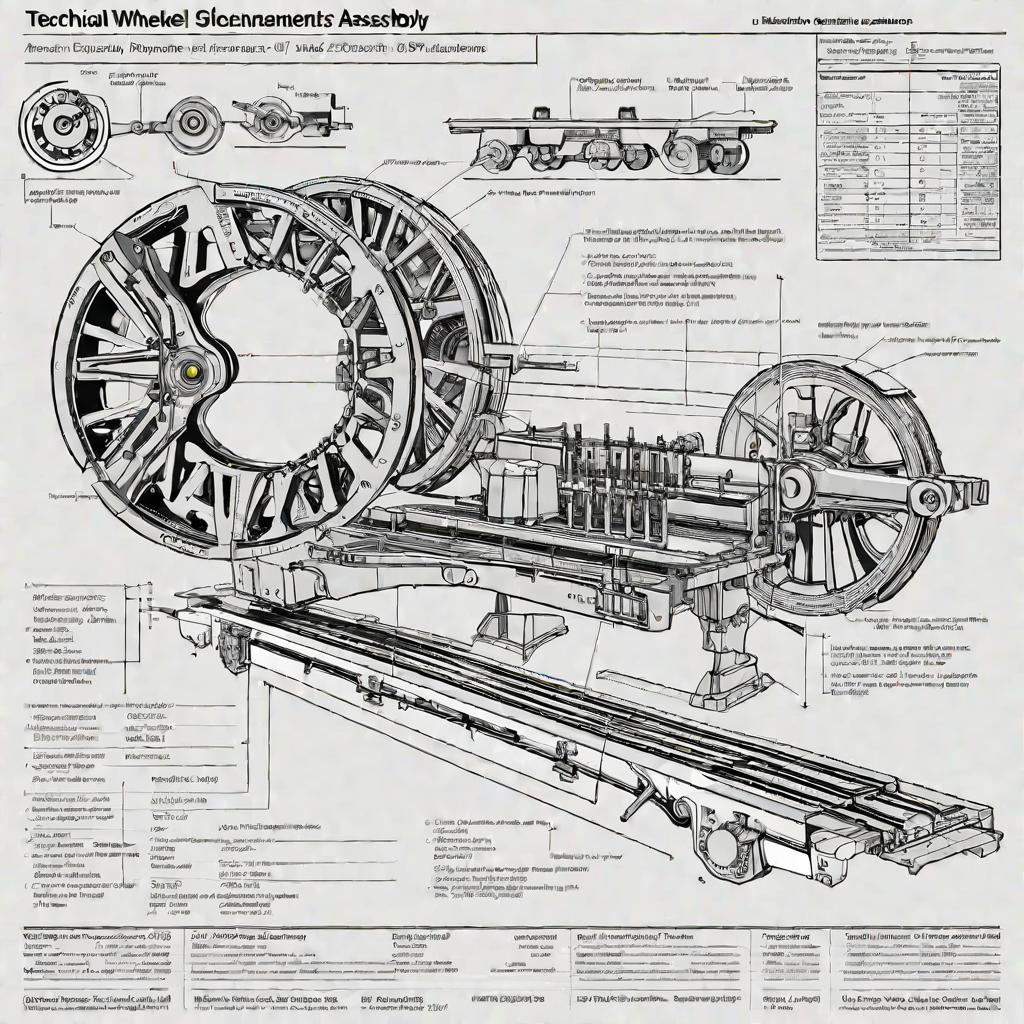 Изображение в стиле инженерного чертежа колесной пары поезда с точными размерами, обозначениями и аннотациями, детализирующими ключевые компоненты и спецификации. Схематическая диаграмма демонстрирует технические данные и стандарты, актуальные для определ