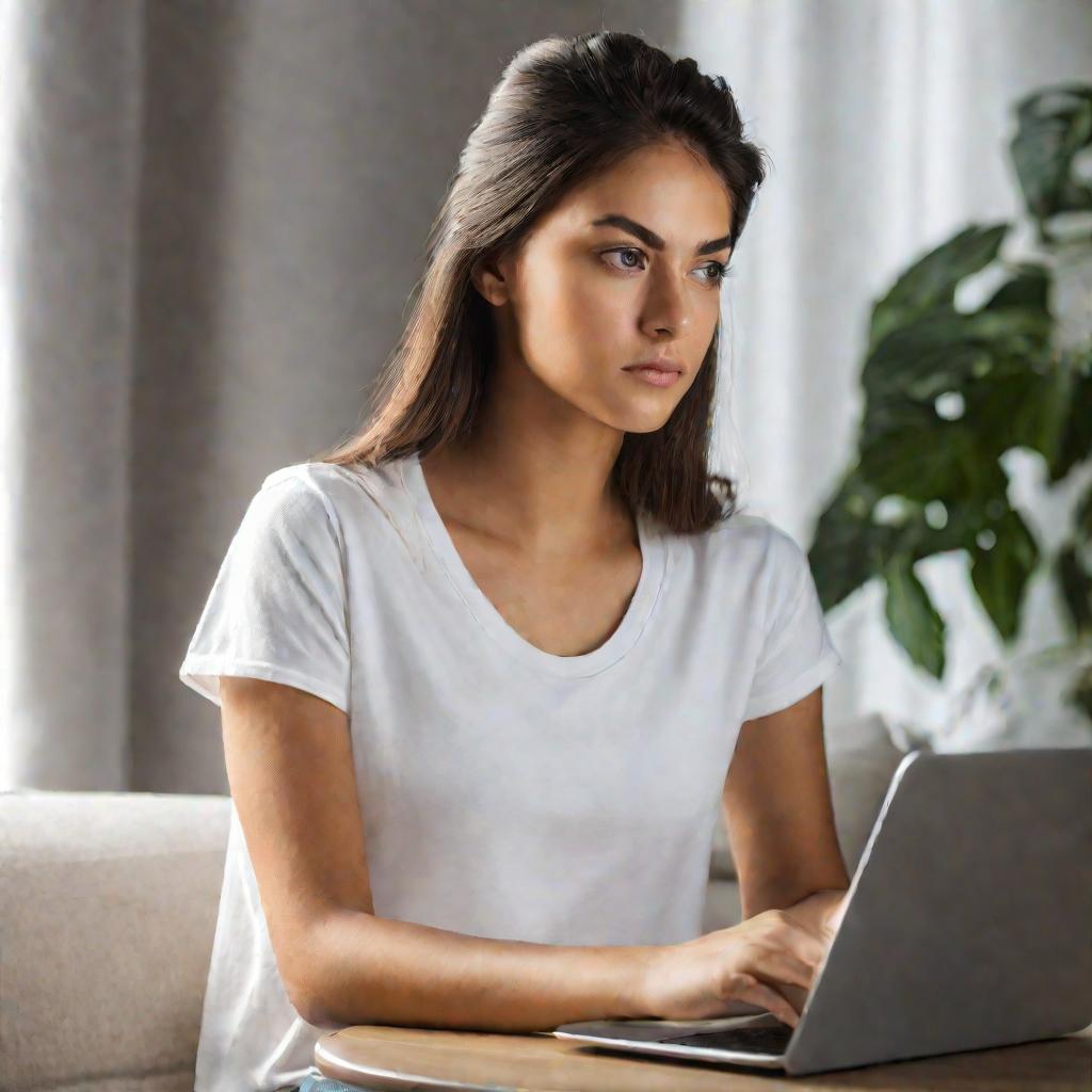 Крупным планом молодая девушка лет 20 сидит за ноутбуком дома и записывается онлайн на прием к врачу, сосредоточенное выражение лица, мягкий естественный свет из окна, белая футболка и джинсы