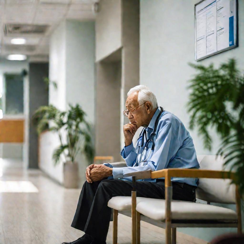 Пожилой мужчина лет 70 сидит в холле поликлиники в зоне ожидания, пришел без онлайн записи, усталый и обеспокоенный вид, средний план